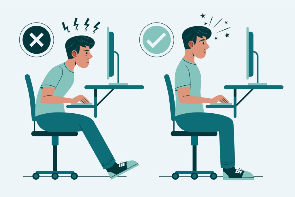 Proper ergonomic workstation setup to prevent back and neck pain in the workplace.