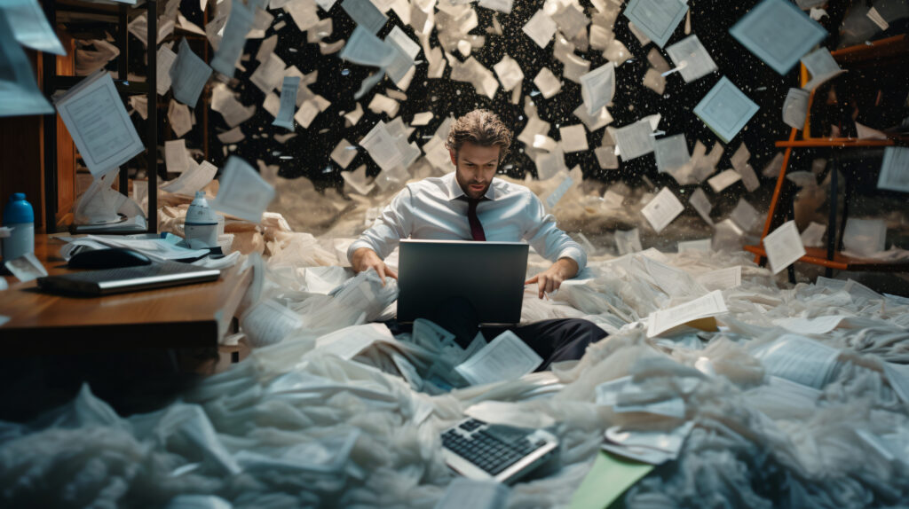 Stressed office employee experiencing workplace anxiety and burnout.